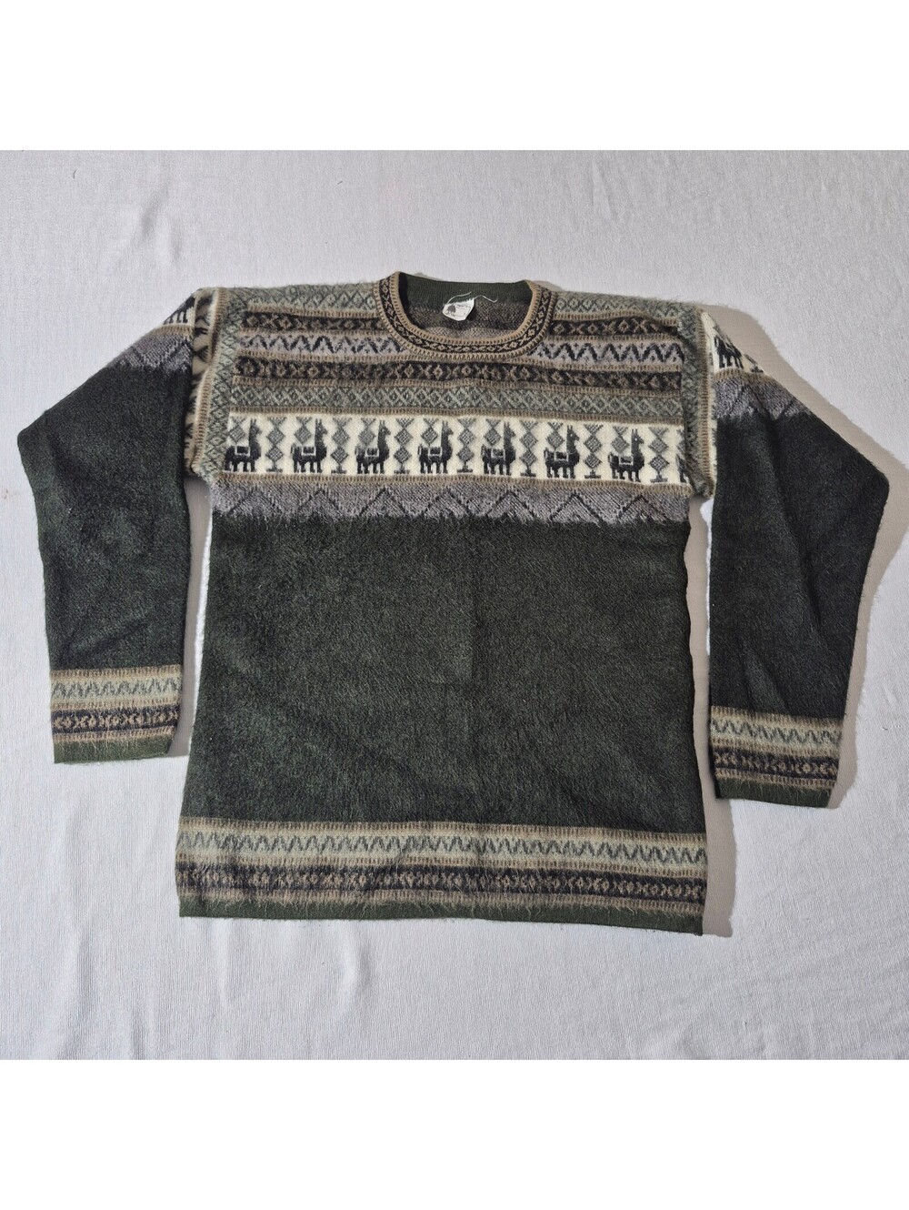 Vintage Llama Womens Wool Nordic Print L Large Sweater Green